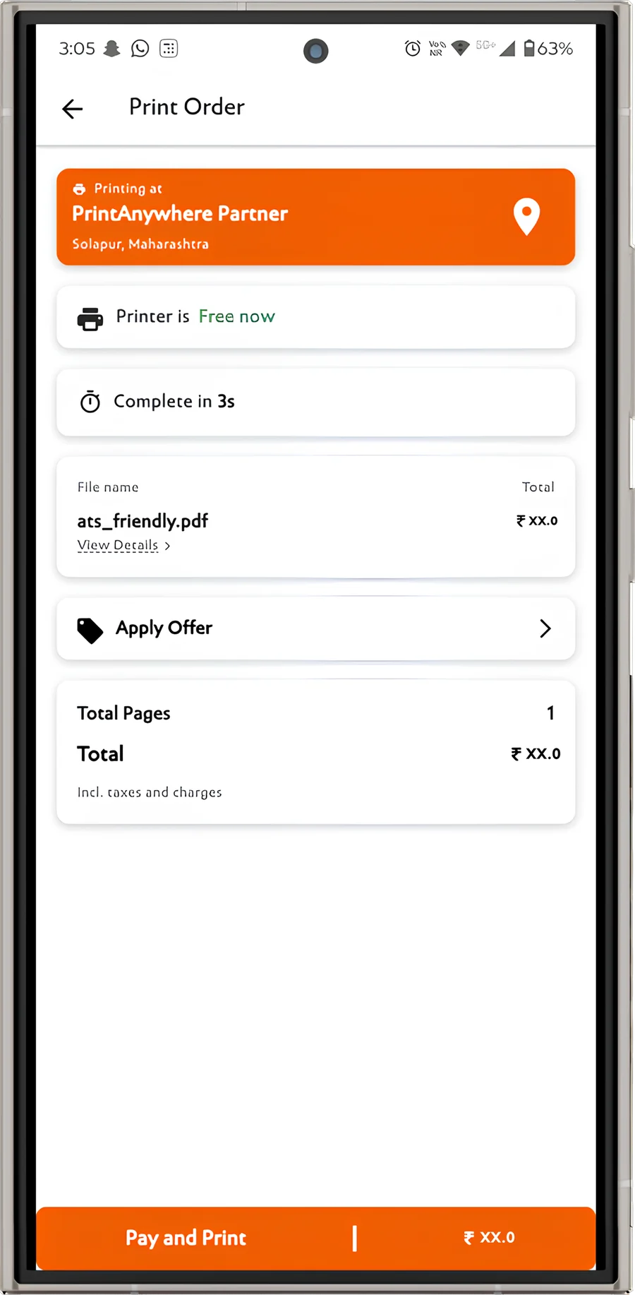 The PrintAnywhere app on an Android phone, showing an order ready to pay