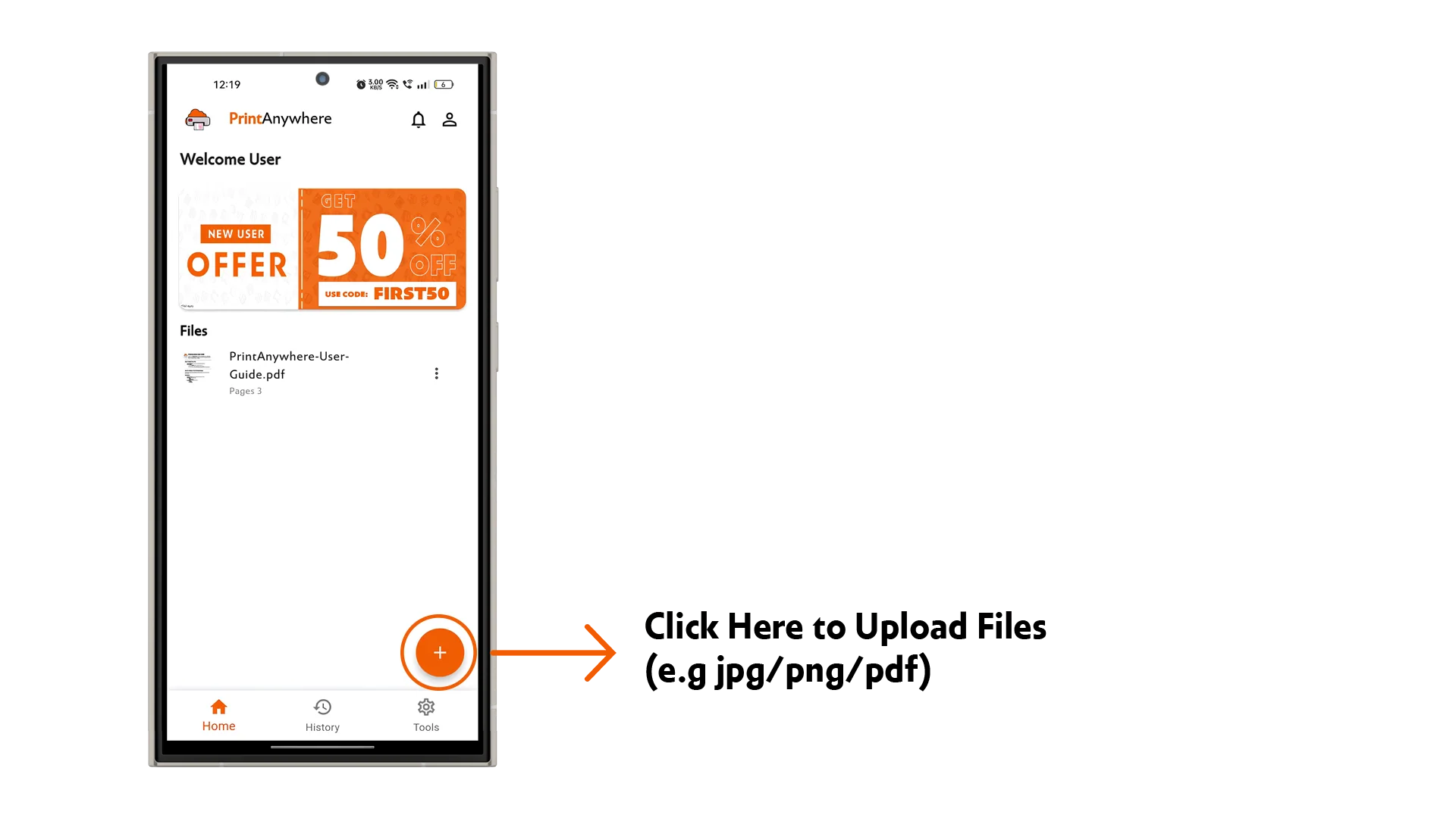 Step 1: Upload Your File screen in the PrintAnywhere app