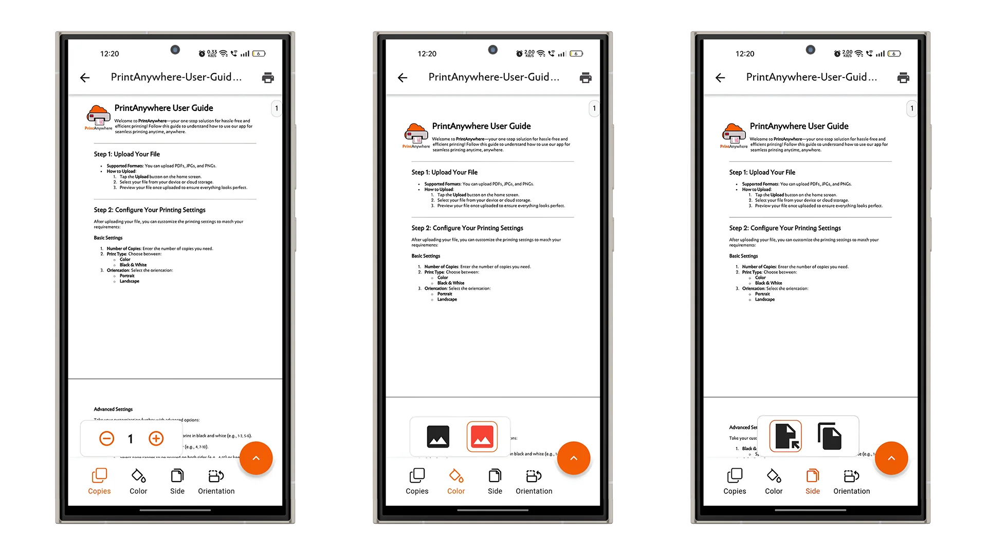 Step 2: Configure Your Printing Settings screen in the PrintAnywhere app